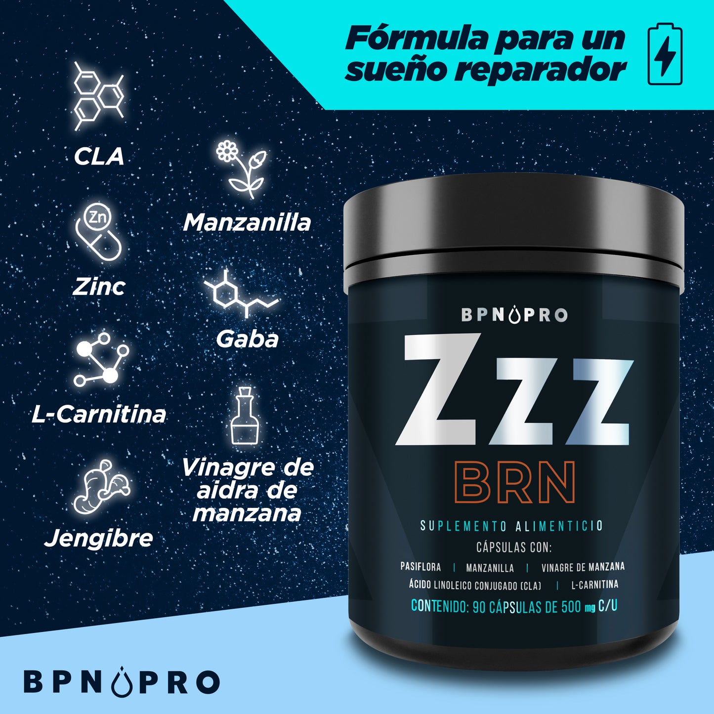 Zzz BRN. CLA, l-Carnitina, GABA, Manzanilla, Pimienta Negra, Vinagre de Manzana,Jengibre Moringa, Magnesio, Zinc